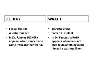 LECHERY

WRATH

• Sexual desires
• A lecherous act
• In Dr. Faustus LECHERY
appears when dancer who
came from another world.

• Extreme anger
• Forceful , violent
• In Dr. Faustus WRATH
appears when he is not
able to do anything in his
life as he was intelligent.

 
