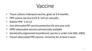 Vaccine
• Tissue culture rinderpest vaccine, given at 3-4 months
• PPR culture vaccine (I.V.R.I)- 1ml s/c annually
• Raksha PPR- 1 ml s/c
• Live attenuated RP vaccine protection for one year only
• PPRV attenuated vaccine commercially available
• Genetically engineered recombinant vaccine is under trial (OIE, 2002)
• French attenuated PPR vaccine- immunity for at least 3 years
21
 