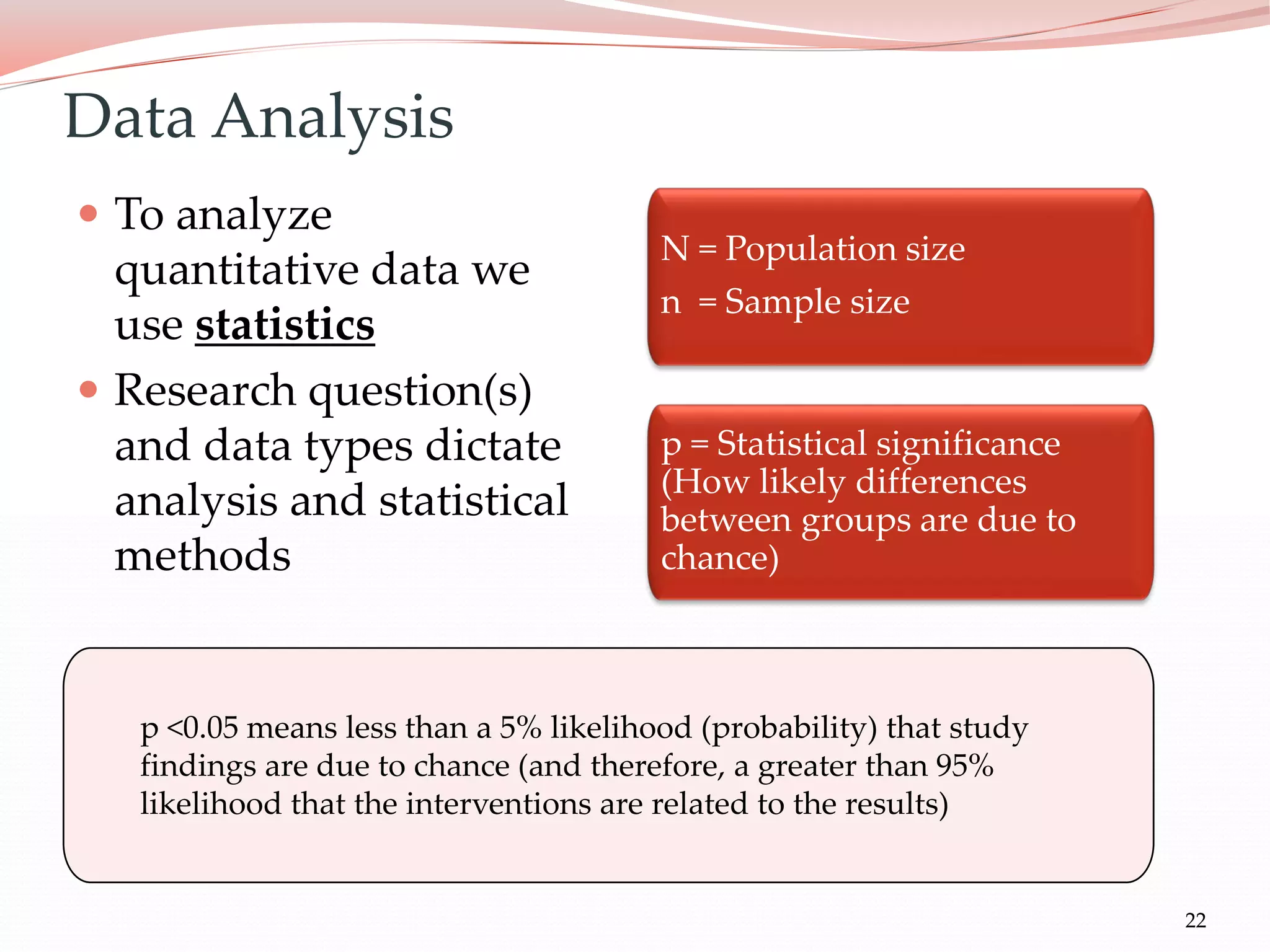22
 To analyze
quantitative data we
use statistics
 Research question(s)
and data types dictate
analysis and statistical
methods
Data Analysis
N = Population size
n = Sample size
p = Statistical significance
(How likely differences
between groups are due to
chance)
p <0.05 means less than a 5% likelihood (probability) that study
findings are due to chance (and therefore, a greater than 95%
likelihood that the interventions are related to the results)
 