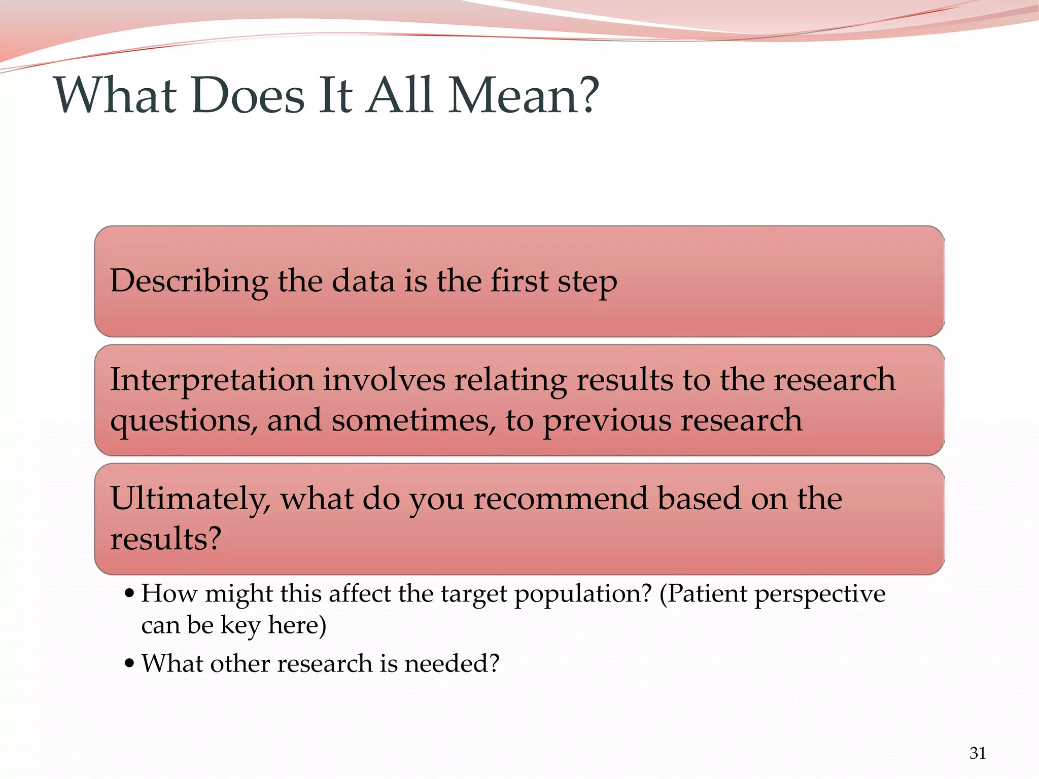 31
Describing the data is the first step
Interpretation involves relating results to the research
questions, and sometimes, to previous research
Ultimately, what do you recommend based on the
results?
•How might this affect the target population? (Patient perspective
can be key here)
•What other research is needed?
What Does It All Mean?
 