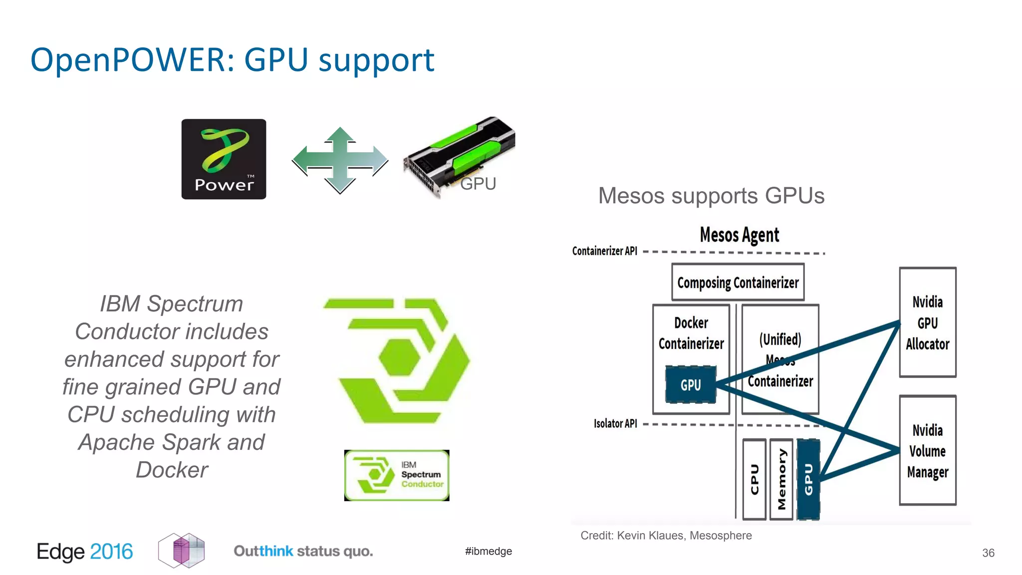 #ibmedge
OpenPOWER: GPU support
36
GPU
Credit: Kevin Klaues, Mesosphere
IBM Spectrum
Conductor includes
enhanced support for
fine grained GPU and
CPU scheduling with
Apache Spark and
Docker
Mesos supports GPUs
 