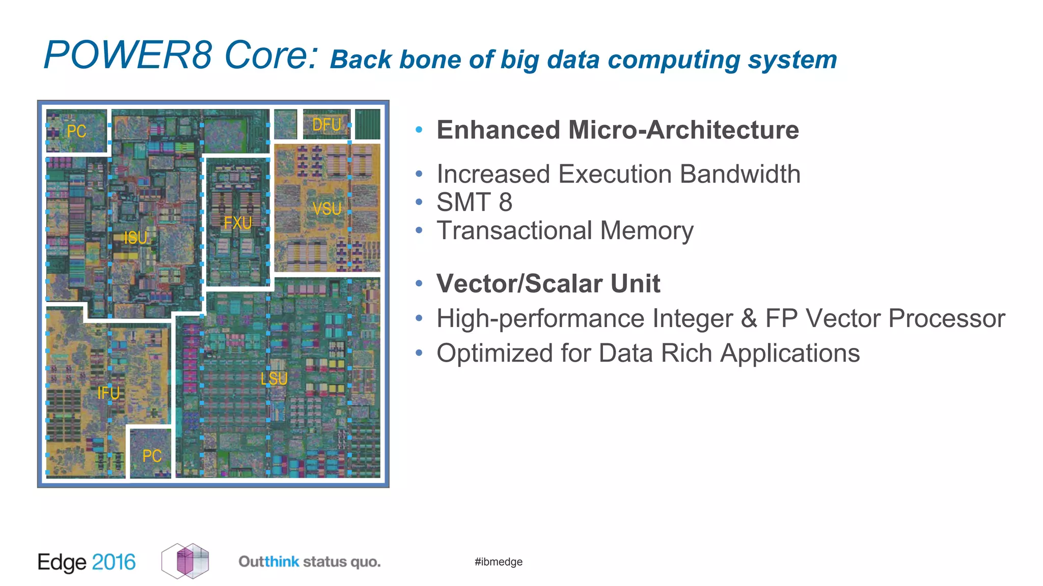 #ibmedge
POWER8 Core: Back bone of big data computing system
• Enhanced Micro-Architecture
• Increased Execution Bandwidth
• SMT 8
• Transactional Memory
• Vector/Scalar Unit
• High-performance Integer & FP Vector Processor
• Optimized for Data Rich Applications
VSU
FXU
IFU
DFU
ISU
PC
PC
LSU
 