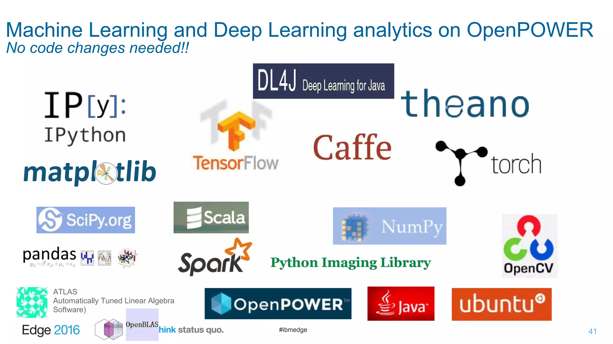 #ibmedge
Machine Learning and Deep Learning analytics on OpenPOWER
No code changes needed!!
41
ATLAS
Automatically Tuned Linear Algebra
Software)
 