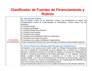 08. Impuestos Municipales
Son los tributos a favor de los Gobiernos Locales, cuyo cumplimiento no origina una
contraprestación directa de la Municipalidad al contribuyente. Dichos tributos son los
siguientes:
a) Impuesto Predial
b) Impuesto de Alcabala
c) Impuesto al Patrimonio Vehicular
d) Impuesto a las Apuestas
e) Impuestos a los Juegos
f) Impuesto a los Espectáculos Públicos no Deportivos
g) Impuestos a los Juegos de Casino
h) Impuestos a los Juegos de Máquinas Tragamonedas
Incluye el rendimiento financiero así como los saldos de balance de años fiscales anteriores.
18. Canon y Sobrecanon, Regalías, Renta de Aduanas y Participaciones
Corresponde a los ingresos que deben recibir los Pliegos Presupuestarios, conforme a
Ley, por la explotación económicade recursos naturales que se extraen de su territorio.
Asimismo, considera los fondos por concepto de regalías, los recursos por Participación en
Rentas de Aduanas provenientes de las rentas recaudadas por las aduanas marítimas,
aéreas, postales, fluviales, lacustres y terrestres, en el marco de la regulación
correspondiente, así como las transferencias por eliminación de exoneraciones tributarias.
Además, considera los recursos correspondientes a las transferencias del FONIPREL, así
como otros recursos de acuerdo a la normatividad vigente.
Incluye el rendimiento financiero así como los saldos de balance de años fiscales anteriores.
5. RECURSOS
DETERMINADOS
Clasificador de Fuentes de Financiamiento y
Rubros
 