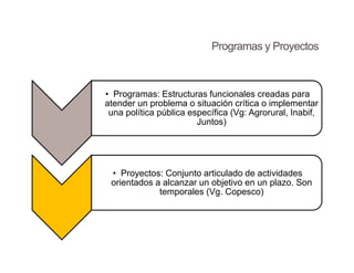 Programas y Proyectos
• Programas: Estructuras funcionales creadas para
atender un problema o situación crítica o implementar
una política pública específica (Vg: Agrorural, Inabif,
Juntos)
• Proyectos: Conjunto articulado de actividades
orientados a alcanzar un objetivo en un plazo. Son
temporales (Vg. Copesco)
 