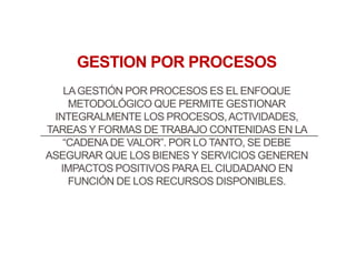 GESTION POR PROCESOS
LAGESTIÓN POR PROCESOS ES EL ENFOQUE
METODOLÓGICO QUE PERMITE GESTIONAR
INTEGRALMENTE LOS PROCESOS,ACTIVIDADES,
TAREAS Y FORMAS DE TRABAJO CONTENIDAS EN LA
“CADENADE VALOR”. POR LO TANTO, SE DEBE
ASEGURAR QUE LOS BIENES Y SERVICIOS GENEREN
IMPACTOS POSITIVOS PARAEL CIUDADANO EN
FUNCIÓN DE LOS RECURSOS DISPONIBLES.
 