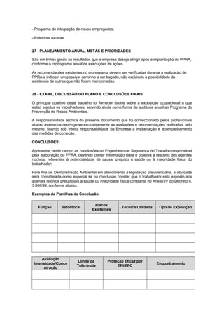 - Programa de integração de novos empregados;
- Palestras avulsas.
27 - PLANEJAMENTO ANUAL, METAS E PRIORIDADES
São em linhas gerais os resultados que a empresa deseja atingir após a implantação do PPRA,
conforme o cronograma anual de execuções de ações.
As recomendações existentes no cronograma devem ser verificadas durante a realização do
PPRA e indicam um possível caminho a ser traçado, não excluindo a possibilidade da
existência de outras que não foram mencionadas.
28 - EXAME, DISCUSSÃO DO PLANO E CONCLUSÕES FINAIS
O principal objetivo deste trabalho foi fornecer dados sobre a exposição ocupacional a que
estão sujeitos os trabalhadores, servindo ainda como forma de auditoria anual ao Programa de
Prevenção de Riscos Ambientais.
A responsabilidade técnica do presente documento que foi confeccionado pelos profissionais
abaixo assinados restringe-se exclusivamente as avaliações e recomendações realizadas pelo
mesmo, ficando sob inteira responsabilidade da Empresa a implantação e acompanhamento
das medidas de correção.
CONCLUSÕES:
Apresentar neste campo as conclusões do Engenheiro de Segurança do Trabalho responsável
pela elaboração do PPRA, devendo conter informação clara e objetiva a respeito dos agentes
nocivos, referentes à potencialidade de causar prejuízo à saúde ou à integridade física do
trabalhador;
Para fins de Demonstração Ambiental em atendimento a legislação previdenciária, a atividade
será considerada como especial se na conclusão constar que o trabalhador está exposto aos
agentes nocivos prejudiciais à saúde ou integridade física constante no Anexo IV do Decreto n.
3.048/99, conforme abaixo.
Exemplos de Planilhas de Conclusão:
Função Setor/local
Riscos
Existentes
Técnica Utilizada Tipo de Exposição
Avaliação
Intensidade/Conce
ntração
Limite de
Tolerância
Proteção Eficaz por
EPI/EPC
Enquadramento
 