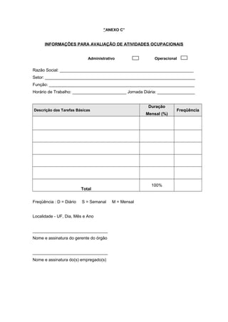 “ANEXO C”
INFORMAÇÕES PARA AVALIAÇÃO DE ATIVIDADES OCUPACIONAIS
Administrativo Operacional
Razão Social: _________________________________________________________
Setor: ________________________________________________________________
Função: ______________________________________________________________
Horário de Trabalho: _______________________ Jornada Diária: ________________
Descrição das Tarefas Básicas
Duração
Mensal (%)
Freqüência
Total
100%
Freqüência : D = Diário S = Semanal M = Mensal
Localidade - UF, Dia, Mês e Ano
________________________________
Nome e assinatura do gerente do órgão
________________________________
Nome e assinatura do(s) empregado(s)
 