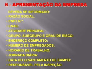 DEVERÁ SE INFORMADO:
• RAZÃO SOCIAL:
• CNPJ N.º:
• CNAE:
• ATIVIDADE PRINCIPAL:
• GRUPO, SUBGRUPO E GRAU DE RISCO:
• ENDEREÇO COMPLETO:
• NÚMERO DE EMPREGADOS:
• HORÁRIO DE TRABALHO:
• JORNADA DIÁRIA:
• DATA DO LEVANTAMENTO DE CAMPO:
• RESPONSÁVEL PELA INSPEÇÃO:
6 - APRESENTAÇÃO DA EMPRESA
 