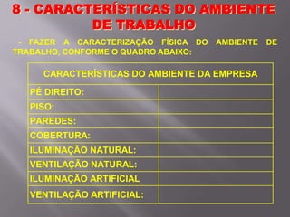 - FAZER A CARACTERIZAÇÃO FÍSICA DO AMBIENTE DE
TRABALHO, CONFORME O QUADRO ABAIXO:
8 - CARACTERÍSTICAS DO AMBIENTE
DE TRABALHO
CARACTERÍSTICAS DO AMBIENTE DA EMPRESA
PÉ DIREITO:
PISO:
PAREDES:
COBERTURA:
ILUMINAÇÃO NATURAL:
VENTILAÇÃO NATURAL:
ILUMINAÇÃO ARTIFICIAL
VENTILAÇÃO ARTIFICIAL:
 