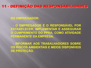 11 - DEFINIÇÃO DAS RESPONSABILIDADES
DO EMPREGADOR:
- O EMPREGADOR É O RESPONSÁVEL POR
ESTABELECER, IMPLEMENTAR E ASSEGURAR
O CUMPRIMENTO DO PPRA, COMO ATIVIDADE
PERMANENTE DA EMPRESA.
- INFORMAR AOS TRABALHADORES SOBRE
OS RISCOS AMBIENTAIS E MEIOS DISPONÍVEIS
DE PROTEÇÃO.
 