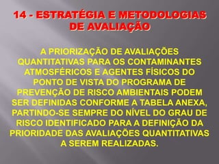 A PRIORIZAÇÃO DE AVALIAÇÕES
QUANTITATIVAS PARA OS CONTAMINANTES
ATMOSFÉRICOS E AGENTES FÍSICOS DO
PONTO DE VISTA DO PROGRAMA DE
PREVENÇÃO DE RISCO AMBIENTAIS PODEM
SER DEFINIDAS CONFORME A TABELA ANEXA,
PARTINDO-SE SEMPRE DO NÍVEL DO GRAU DE
RISCO IDENTIFICADO PARA A DEFINIÇÃO DA
PRIORIDADE DAS AVALIAÇÕES QUANTITATIVAS
A SEREM REALIZADAS.
14 - ESTRATÉGIA E METODOLOGIAS
DE AVALIAÇÃO
 