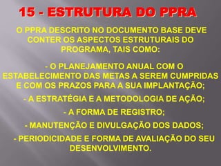 O PPRA DESCRITO NO DOCUMENTO BASE DEVE
CONTER OS ASPECTOS ESTRUTURAIS DO
PROGRAMA, TAIS COMO:
- O PLANEJAMENTO ANUAL COM O
ESTABELECIMENTO DAS METAS A SEREM CUMPRIDAS
E COM OS PRAZOS PARA A SUA IMPLANTAÇÃO;
- A ESTRATÉGIA E A METODOLOGIA DE AÇÃO;
- A FORMA DE REGISTRO;
- MANUTENÇÃO E DIVULGAÇÃO DOS DADOS;
- PERIODICIDADE E FORMA DE AVALIAÇÃO DO SEU
DESENVOLVIMENTO.
15 - ESTRUTURA DO PPRA
 