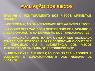 AVALIAÇÃO DOS RISCOS
ENVOLVE O MONITORAMENTO DOS RISCOS AMBIENTAIS
VISANDO:
- DETERMINAÇÃO DA INTENSIDADE DOS AGENTES FÍSICOS;
- A CONCENTRAÇÃO DOS AGENTES QUÍMICOS, VISANDO O
DIMENSIONAMENTO DA EXPOSIÇÃO DOS TRABALHADORES;
- A AVALIAÇÃO QUANTITATIVA DEVERÁ SER REALIZADA
SEMPRE QUE NECESSÁRIA PARA COMPROVAR O CONTROLE
DA EXPOSIÇÃO OU A INEXISTÊNCIA DOS RISCOS
IDENTIFICADOS NA ETAPA DE RECONHECIMENTO;
- DIMENSIONAR A EXPOSIÇÃO DOS TRABALHADORES E
SUBSIDIAR O EQUACIONAMENTO DAS MEDIDAS DE
CONTROLE.
 
