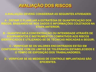 A AVALIAÇÃO DEVERÁ CONSIDERAR AS SEGUINTES ATIVIDADES:
A - DEFINIR E PLANEJAR A ESTRATÉGIA DE QUANTIFICAÇÃO DOS
RISCOS, BASEANDO-SE NOS DADOS E INFORMAÇÕES COLETADOS NA
ETAPA ANTERIOR;
B - QUANTIFICAR A CONCENTRAÇÃO OU INTENSIDADE ATRAVÉS DE
EQUIPAMENTOS E INSTRUMENTOS COMPATÍVEIS AOS RISCOS
IDENTIFICADOS E UTILIZANDO-SE DE TÉCNICAS INDICADAS A SEGUIR;
C - VERIFICAR SE OS VALORES ENCONTRADOS ESTÃO EM
CONFORMIDADE COM OS LIMITES DE TOLERÂNCIA ESTABELECIDOS E
O TEMPO DE EXPOSIÇÃO DOS TRABALHADORES;
D - VERIFICAR SE AS MEDIDAS DE CONTROLE IMPLANTADAS SÃO
EFICIENTES.
AVALIAÇÃO DOS RISCOS
 