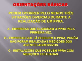 ORIENTAÇÕES BÁSICAS
PODEM OCORRER PELO MENOS TRÊS
SITUAÇÕES DIVERSAS DURANTE A
REALIZAÇÃO DE UM PPRA:
A - EMPRESAS QUE ELABORAM O PPRA PELA
PRIMEIRA VEZ.
B - EMPRESAS QUE JÁ POSSUEM O PPRA, PORÉM
NÃO FORAM REALIZADAS MEDIÇÕES DOS
AGENTES AGRESSIVOS.
C - INSTALAÇÕES QUE POSSUEM PPRA COM
MEDIÇÕES EFETUADAS.
 