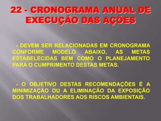 - DEVEM SER RELACIONADAS EM CRONOGRAMA
CONFORME MODELO ABAIXO, AS METAS
ESTABELECIDAS BEM COMO O PLANEJAMENTO
PARA O CUMPRIMENTO DESTAS METAS.
- O OBJETIVO DESTAS RECOMENDAÇÕES É A
MINIMIZAÇÃO OU A ELIMINAÇÃO DA EXPOSIÇÃO
DOS TRABALHADORES AOS RISCOS AMBIENTAIS.
22 - CRONOGRAMA ANUAL DE
EXECUÇÃO DAS AÇÕES
 