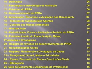 10 - Definições 06
11 - Estratégias e metodologia de Avaliação 06
12 - Estrutura do PPRA 06
13 - Desenvolvimento do PPRA 07
14 - Antecipação, Reconhec. e Avaliação dos Riscos Amb. 07
15 – Técnicas de Avaliação Dos Agentes 08
16 – Controle dos Riscos Ambientais 09
17 - Nível de Ação 10
18 - Periodicidade, Forma e Avaliação e Revisão do PPRA 11
19 - Estabelecimento do Plano de Ação, Metas,
Prioridades e Cronograma 12
20 - Registro de revisões do desenvolvimento do PPRA 13
21 - Recomendações Gerais 14
22 - Registro, Manutenção e Divulgação de Dados 15
23 – Planejamento Anual, Metas e Prioridades 15
24 - Exame, Discussão do Plano e Conclusões Finais 16
25 – Bibliografia 16
26 -Data do Documento e Assinatura do Profissional 16
 
