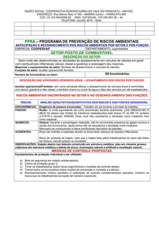 RAZÃO SOCIAL: COOPERATIVA AGROPECUÁRIA DO VALE DO PARACATU – MATRIZ.
ENDEREÇO: Rua Silvino Reis nº 160 – BAIRRO Centro – PARACATU.MG
CGC: 23.153.943/0008-26 INSC. ESTADUAL: 470.045.581.06 – 44.
TELEFONE: (0xx38) 3679 – 8934.
PPRA – PROGRAMA DE PREVENÇÃO DE RISCOS AMBIENTAIS.
ANTECIPAÇÃO E RECONHECIMENTO DOS RISCOS AMBIENTAIS POR SETOR E POR FUNÇÃO
EMPRESA: COOPERVAP DEPARTAMENTO: suprimentos
SETOR:POSTO DE COMBUSTIVEL.
DESCRIÇÃO DO SETOR:
Setor onde são desenvolvidas as atividades de abastecimento em veículos de clientes em geral
com combustíveis inflamáveis (álcool, diesel e gasolina) e estocagem dos mesmos.
Maquinas e equipamentos do setor: Bombas de abastecimento e veículos de clientes.
Funções do setor: Auxiliar operacional/ frentista.
Numero de funcionários no setor: 09 funcionários.
DESCRIÇÃO DAS ATIVIDADES DESENVOLVIDAS – LEVANTAMENTO DOS RISCOS POR FUNÇÃO.
Auxiliar operacional/Frentista: tem como atividade efetuar o abastecimento de veículos leves e caminhões
com álcool, gasolina e óleo diesel, e também checa os níveis de água e óleo dos veículos por ele estabelecidos.
RISCOS AMBIENTAIS ENCONTRADOS NO SETOR E NO DESENVOLVIMENTO DAS FUNÇÕES.
RISCOS: ANÁLISE QUALITATIVA/QUANTITATIVA DOS RISCOS E DAS FONTES GERADORAS.
ERGONÔMICOS: Exigência de postura incomodas: Trabalho em pe durante a jornada de trabalho.
FISICOS: Ruído: O nível equivalente de ruído encontrado durante dosimetria, LEQ (MEDIA)=80,15
dB(A) foi abaixo dos limites de tolerância estabelecidos pelo anexo 01 da NR 15, portaria
3.214/78 e decreto 3048/99. Esse nível não caracteriza a atividade como insalubre nem
como especial.
QUIMICOS: Octano: Durante a amostragem realizada, não foi encontrada presença de gases nocivos a
saúde dos funcionários, desta forma não se caracteriza a atividade como insalubre.
Manuseio de combustíveis e óleos lubrificantes derivados de petróleo.
ACIDENTES: Risco de incêndio e explosão devido no local haver estoque de líquidos inflamáveis.
Risco de acidente de trajeto, visto que o trajeto feito pelos trabalhadores do setor são feitos
em ônibus, veiculo próprio ou bicicletas.
OBSERVAÇÕES: Galpão aberto nas laterais construído em estrutura metálica, piso em cimento grosso,
cobertura em estrutura metálica e telhas de zinco, iluminação natural e artificial e ventilação natural.
MEDIDAS DE CONTROLE PROPOSTAS.
Equipamentos de proteção individual a ser utilizado:
a) Bota de segurança em solado antiderrapante.
b) Creme de proteção grupo 3.
c) Trinar os trabalhadores sobre riscos ergonômicos e medidas de controle destes.
d) Treinar todos os funcionários sobre noções de prevenção e combate a incêndio.
e) Acompanhamento medico periódico e realização de exames complementares expostos; (mesmo os
riscos que os trabalhadores se expõe de maneira ocasional).
 