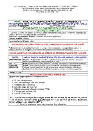 RAZÃO SOCIAL: COOPERATIVA AGROPECUÁRIA DO VALE DO PARACATU – MATRIZ.
ENDEREÇO: Rua Silvino Reis nº 160 – BAIRRO Centro – PARACATU.MG
CGC: 23.153.943/0008-26 INSC. ESTADUAL: 470.045.581.06 – 44.
TELEFONE: (0xx38) 3679 – 8934.
PPRA – PROGRAMA DE PREVENÇÃO DE RISCOS AMBIENTAIS.
ANTECIPAÇÃO E RECONHECIMENTO DOS RISCOS AMBIENTAIS POR SETOR E POR FUNÇÃO
EMPRESA: COOPERVAP DEPARTAMENTO: suprimentos
SETOR:POSTO DE COMBUSTIVEL (OBRA CIVIL).
DESCRIÇÃO DO SETOR:
Setor se encontra em fase de construção, onde estão sendo executadas a reforma e ampliação de
todas as dependências do posto de combustível.
Maquinas e equipamentos do setor: Marteletes pneumáticos e betoneira.
Funções do setor: Pedreiro.
Numero de funcionários no setor:
DESCRIÇÃO DAS ATIVIDADES DESENVOLVIDAS – LEVANTAMENTO DOS RISCOS POR FUNÇÃO.
Pedreiro: tem como atividade efetuar todos os serviços relacionados com a execução da obra, desde a
fundação, armação de ferragem e, levantamento das paredes e acabamentos finais da obra.
RISCOS AMBIENTAIS ENCONTRADOS NO SETOR E NO DESENVOLVIMENTO DAS FUNÇÕES.
RISCOS: ANÁLISE QUALITATIVA/QUANTITATIVA DOS RISCOS E DAS FONTES GERADORAS.
ERGONÔMICOS: Exigência de postura incomodas: Trabalho em pe e agachado durante a jornada de
trabalho, levantamento e transporte manual de peso.
FISICOS: Ruído: Ruído produzido pela betoneira e martelete pneumático durante o uso e demolição.
QUIMICOS: Poeira: Trabalho na construção (corte com maquita, manuseio de cimento e areia).
ACIDENTES: Risco de incêndio e explosão devido no local haver estoque de líquidos inflamáveis.
Queda de níveis diferentes, quando da execução de serviços em andares superiores.
OBSERVAÇÕES:
MEDIDAS DE CONTROLE PROPOSTAS.
Equipamentos de proteção individual a ser utilizado:
a) Óculos de segurança;
b) Bota de segurança com bico de aço;
c) Capacete de segurança;
d) Luva de raspa ou vaqueta;
e) Máscara descartável contra poeiras PFF2;
f) Protetor auricular tipo plug;
g) Luva PVC ou Látex;
Obs, Quando da execução de serviços acima de 2,00 metros de altura do solo, ou em
locais em níveis inferiores más que, ofereçam riscos de queda e acidentes, devem ser
sempre utilizados os seguintes EPI`s.
 Cinto de segurança estilo pára-quedista dois talabartes.
 