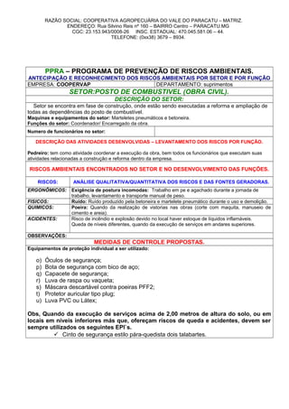 RAZÃO SOCIAL: COOPERATIVA AGROPECUÁRIA DO VALE DO PARACATU – MATRIZ.
ENDEREÇO: Rua Silvino Reis nº 160 – BAIRRO Centro – PARACATU.MG
CGC: 23.153.943/0008-26 INSC. ESTADUAL: 470.045.581.06 – 44.
TELEFONE: (0xx38) 3679 – 8934.
PPRA – PROGRAMA DE PREVENÇÃO DE RISCOS AMBIENTAIS.
ANTECIPAÇÃO E RECONHECIMENTO DOS RISCOS AMBIENTAIS POR SETOR E POR FUNÇÃO
EMPRESA: COOPERVAP DEPARTAMENTO: suprimentos
SETOR:POSTO DE COMBUSTIVEL (OBRA CIVIL).
DESCRIÇÃO DO SETOR:
Setor se encontra em fase de construção, onde estão sendo executadas a reforma e ampliação de
todas as dependências do posto de combustível.
Maquinas e equipamentos do setor: Marteletes pneumáticos e betoneira.
Funções do setor: Coordenador/ Encarregado da obra.
Numero de funcionários no setor:
DESCRIÇÃO DAS ATIVIDADES DESENVOLVIDAS – LEVANTAMENTO DOS RISCOS POR FUNÇÃO.
Pedreiro: tem como atividade coordenar a execução da obra, bem todos os funcionários que executam suas
atividades relacionadas a construção e reforma dentro da empresa.
RISCOS AMBIENTAIS ENCONTRADOS NO SETOR E NO DESENVOLVIMENTO DAS FUNÇÕES.
RISCOS: ANÁLISE QUALITATIVA/QUANTITATIVA DOS RISCOS E DAS FONTES GERADORAS.
ERGONÔMICOS: Exigência de postura incomodas: Trabalho em pe e agachado durante a jornada de
trabalho, levantamento e transporte manual de peso.
FISICOS: Ruído: Ruído produzido pela betoneira e martelete pneumático durante o uso e demolição.
QUIMICOS: Poeira: Quando da realização de vistorias nas obras (corte com maquita, manuseio de
cimento e areia).
ACIDENTES: Risco de incêndio e explosão devido no local haver estoque de líquidos inflamáveis.
Queda de níveis diferentes, quando da execução de serviços em andares superiores.
OBSERVAÇÕES:
MEDIDAS DE CONTROLE PROPOSTAS.
Equipamentos de proteção individual a ser utilizado:
o) Óculos de segurança;
p) Bota de segurança com bico de aço;
q) Capacete de segurança;
r) Luva de raspa ou vaqueta;
s) Máscara descartável contra poeiras PFF2;
t) Protetor auricular tipo plug;
u) Luva PVC ou Látex;
Obs, Quando da execução de serviços acima de 2,00 metros de altura do solo, ou em
locais em níveis inferiores más que, ofereçam riscos de queda e acidentes, devem ser
sempre utilizados os seguintes EPI`s.
 Cinto de segurança estilo pára-quedista dois talabartes.
 