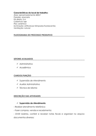 Características do local de trabalho:
Área: aproximadamente 400m2
Paredes: alvenaria
Pé direito: 3 m
Cobertura: laje
Piso: cerâmica
Iluminação: artificial por lâmpadas fluorescentes
Ventilação: natural
FLUXOGRAMA DO PROCESSO PRODUTIVO
SETORES AVALIADOS
 Administrativo
 Acadêmico
CARGOS/FUNÇÃO
 Supervisão de Atendimento
 Auxiliar Administrativo
 Técnico de Idioma
DESCRIÇÃO DAS ATIVIDADES
 Supervisão de Atendimento
- Realizar atendimento telefônico;
- Fazer compras, vendas e recebimento;
- Emitir boletos, conferir e receber notas fiscais e organizar no arquivo
documentos diversos;
 