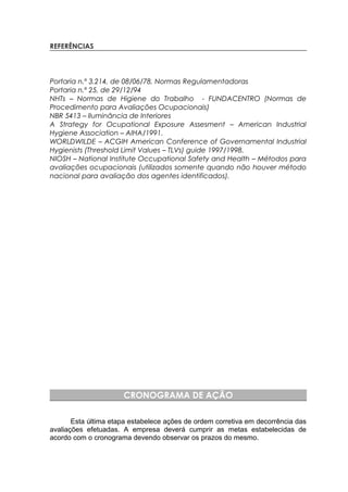 REFERÊNCIAS
Portaria n.º 3.214, de 08/06/78, Normas Regulamentadoras
Portaria n.º 25, de 29/12/94
NHTs – Normas de Higiene do Trabalho - FUNDACENTRO (Normas de
Procedimento para Avaliações Ocupacionais)
NBR 5413 – Iluminância de Interiores
A Strategy for Ocupational Exposure Assesment – American Industrial
Hygiene Association – AIHA/1991.
WORLDWILDE – ACGIH American Conference of Governamental Industrial
Hygienists (Threshold Limit Values – TLVs) guide 1997/1998.
NIOSH – National Institute Occupational Safety and Health – Métodos para
avaliações ocupacionais (utilizados somente quando não houver método
nacional para avaliação dos agentes identificados).
CRONOGRAMA DE AÇÃO
Esta última etapa estabelece ações de ordem corretiva em decorrência das
avaliações efetuadas. A empresa deverá cumprir as metas estabelecidas de
acordo com o cronograma devendo observar os prazos do mesmo.
 