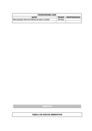CRONOGRAMA 2009
AÇÃO PRAZO RESPONSÁVEL
Manutenção das luminárias de todo o prédio 90 dias
ANEXOS
TABELA DE RISCOS AMBIENTAIS
 