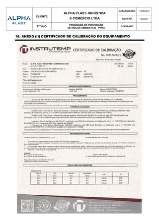 CLIENTE:
ALPHA PLAST- INDÚSTRIA
E COMÉRCIO LTDA
DATA EMISSÃO: 13/06/2021
REVISÃO: 00/2021
TÍTULO:
PROGRAMA DE PREVENÇÃO
DE RISCOS AMBIENTAIS - PPRA
CONTRATO:
16. ANEXO (II) CERTIFICADO DE CALIBRAÇÃO DO EQUIPAMENTO
 