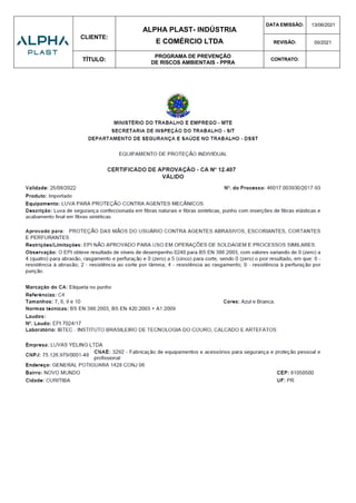 CLIENTE:
ALPHA PLAST- INDÚSTRIA
E COMÉRCIO LTDA
DATA EMISSÃO: 13/06/2021
REVISÃO: 00/2021
TÍTULO:
PROGRAMA DE PREVENÇÃO
DE RISCOS AMBIENTAIS - PPRA
CONTRATO:
 