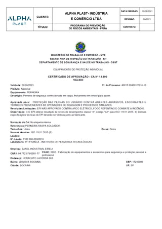 CLIENTE:
ALPHA PLAST- INDÚSTRIA
E COMÉRCIO LTDA
DATA EMISSÃO: 13/06/2021
REVISÃO: 00/2021
TÍTULO:
PROGRAMA DE PREVENÇÃO
DE RISCOS AMBIENTAIS - PPRA
CONTRATO:
 