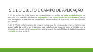 9.1 DO OBJETO E CAMPO DE APLICAÇÃO
9.1.2 As ações do PPRA devem ser desenvolvidas no âmbito de cada estabelecimento da
empresa, sob a responsabilidade do empregador, com a participação dos trabalhadores, sendo
sua abrangência e profundidade dependentes das características dos riscos e das necessidades
de controle.
9.1.3 O PPRA é parte integrante do conjunto mais amplo das iniciativas da empresa no campo da
preservação da saúde e da integridade dos trabalhadores, devendo estar articulado com o
disposto nas demais NR, em especial com o Programa de Controle Médico de Saúde Ocupacional
- PCMSO previsto na NR-7.
 
