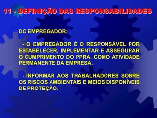 11 - DEFINIÇÃO DAS RESPONSABILIDADES
DO EMPREGADOR:
- O EMPREGADOR É O RESPONSÁVEL POR
ESTABELECER, IMPLEMENTAR E ASSEGURAR
O CUMPRIMENTO DO PPRA, COMO ATIVIDADE
PERMANENTE DA EMPRESA.
- INFORMAR AOS TRABALHADORES SOBRE
OS RISCOS AMBIENTAIS E MEIOS DISPONÍVEIS
DE PROTEÇÃO.
 