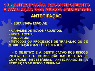 17 - ANTECIPAÇÃO, RECONHECIMENTO
E AVALIAÇÃO DOS RISCOS AMBIENTAIS
ANTECIPAÇÃO
- ESTA ETAPA ENVOLVE:
• A ANÁLISE DE NOVOS PROJETOS;
• INSTALAÇÕES;
• PRODUTOS;
• MÉTODOS OU PROCESSOS DE TRABALHO OU DE
MODIFICAÇÃO DAS JÁ EXISTENTES;
- O OBJETIVO É A IDENTIFICAÇÃO DOS RISCOS
POTENCIAIS E A INTRODUÇÃO DAS MEDIDAS DE
CONTROLE NECESSÁRIAS, ANTECIPANDO-SE A
EXPOSIÇÃO AO RISCO AMBIENTAL.
 
