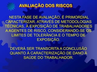 NESTA FASE DE AVALIAÇÃO, É PRIMORDIAL
CARACTERIZAR, ATRAVÉS DE METODOLOGIAS
TÉCNICAS, À EXPOSIÇÃO DE TRABALHADORES
A AGENTES DE RISCO, CONSIDERANDO-SE OS
LIMITES DE TOLERÂNCIA E O TEMPO DE
EXPOSIÇÃO.
DEVERÁ SER TRANSCRITA A CONCLUSÃO
QUANTO À CARACTERIZAÇÃO DE DANO À
SAÚDE DO TRABALHADOR.
AVALIAÇÃO DOS RISCOS
 