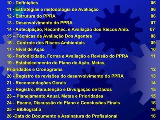 10 - Definições 06
11 - Estratégias e metodologia de Avaliação 06
12 - Estrutura do PPRA 06
13 - Desenvolvimento do PPRA 07
14 - Antecipação, Reconhec. e Avaliação dos Riscos Amb. 07
15 – Técnicas de Avaliação Dos Agentes 08
16 – Controle dos Riscos Ambientais 09
17 - Nível de Ação 10
18 - Periodicidade, Forma e Avaliação e Revisão do PPRA 11
19 - Estabelecimento do Plano de Ação, Metas,
Prioridades e Cronograma 12
20 - Registro de revisões do desenvolvimento do PPRA 13
21 - Recomendações Gerais 14
22 - Registro, Manutenção e Divulgação de Dados 15
23 – Planejamento Anual, Metas e Prioridades 15
24 - Exame, Discussão do Plano e Conclusões Finais 16
25 – Bibliografia 16
26 -Data do Documento e Assinatura do Profissional 16
 