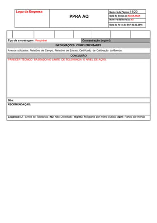 Logo da Empresa
PPRA AQ
Numerode Página:14/20
Data de Emissão:XX.XX.XXXX
Numeroda Revisão:XX
Data da Revisão SAF:02.02.2016
Tipo de amostragem: Respirável Concentração (mg/m³):
INFORMAÇÕES COMPLEMENTARES
Anexos utilizados: Relatório de Campo, Relatório de Ensaio, Certificado de Calibração da Bomba.
CONCLUSÃO
PARECER TÉCNICO BASEADO NO LIMITE DE TOLERÂNCIA E NÍVEL DE AÇÃO.
Obs.:
RECOMENDAÇÃO:
Legenda: LT: Limite de Tolerância ND: Não Detectado mg/m3: Miligrama por metro cúbico ppm: Partes por milhão
 