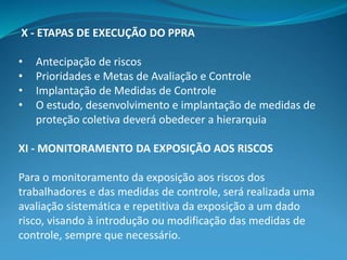 X - ETAPAS DE EXECUÇÃO DO PPRA
• Antecipação de riscos
• Prioridades e Metas de Avaliação e Controle
• Implantação de Medidas de Controle
• O estudo, desenvolvimento e implantação de medidas de
proteção coletiva deverá obedecer a hierarquia
XI - MONITORAMENTO DA EXPOSIÇÃO AOS RISCOS
Para o monitoramento da exposição aos riscos dos
trabalhadores e das medidas de controle, será realizada uma
avaliação sistemática e repetitiva da exposição a um dado
risco, visando à introdução ou modificação das medidas de
controle, sempre que necessário.
 