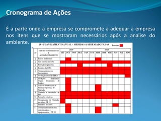 Cronograma de Ações
É a parte onde a empresa se compromete a adequar a empresa
nos itens que se mostraram necessários após a analise do
ambiente.
 