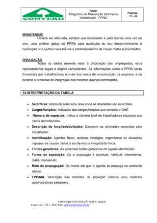 Título:
Programa de Prevenção de Riscos
Ambientais - PPRA
Páginas
- 16 -/44
CONVERD CONSTRUÇÃO CIVIL EIRELI
Fone: (62) 3357- 4607 Site: www.converd.com.br
MANUTENÇÃO
Deverá ser efetuada, sempre que necessário e pelo menos uma vez ao
ano, uma análise global do PPRA para avaliação do seu desenvolvimento e
realização dos ajustes necessários e estabelecimento de novas metas e prioridades.
DIVULGAÇÃO
Todos os dados deverão estar à disposição dos empregados, seus
representantes legais e órgãos competentes. As informações sobre o PPRA serão
fornecidas aos trabalhadores através dos meios de comunicação da empresa, e ou
durante o processo de integração dos mesmos quando contratados.
14.INTERPRETAÇÃO DA TABELA
 Setor/área: Nome do setor e/ou área onde as atividades são exercidas.
 Cargos/funções: Indicação dos cargos/funções que compõe o GHE.
 Número de expostos: Indica o número total de trabalhadores expostos aos
riscos reconhecidos.
 Descrição de funções/atividades: Descreve as atividades exercidas pelo
trabalhador.
 Identificação: Agentes físico, químico, biológico, ergonômico ou situações
capazes de causas danos à saúde e/ou a integridade física.
 Fontes geradoras: As possíveis fontes geradoras do agente identificado.
 Forma de exposição: Se a exposição é eventual, habitual, intermitente,
diária, mensal etc.
 Meio de propagação: Os meios em que o agente se propaga no ambiente
laboral.
 EPC/MA: Descrição das medidas de proteção coletiva e/ou medidas
administrativas existentes.
 