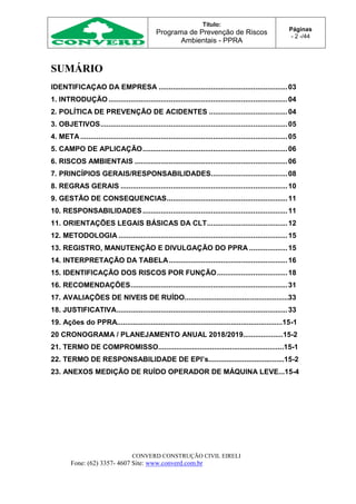 Título:
Programa de Prevenção de Riscos
Ambientais - PPRA
Páginas
- 2 -/44
CONVERD CONSTRUÇÃO CIVIL EIRELI
Fone: (62) 3357- 4607 Site: www.converd.com.br
SUMÁRIO
IDENTIFICAÇAO DA EMPRESA ................................................................03
1. INTRODUÇÃO .........................................................................................04
2. POLÍTICA DE PREVENÇÃO DE ACIDENTES .......................................04
3. OBJETIVOS.............................................................................................05
4. META.......................................................................................................05
5. CAMPO DE APLICAÇÃO........................................................................06
6. RISCOS AMBIENTAIS ............................................................................06
7. PRINCÍPIOS GERAIS/RESPONSABILIDADES......................................08
8. REGRAS GERAIS ...................................................................................10
9. GESTÃO DE CONSEQUENCIAS............................................................11
10. RESPONSABILIDADES........................................................................11
11. ORIENTAÇÕES LEGAIS BÁSICAS DA CLT........................................12
12. METODOLOGIA ....................................................................................15
13. REGISTRO, MANUTENÇÃO E DIVULGAÇÃO DO PPRA ...................15
14. INTERPRETAÇÃO DA TABELA...........................................................16
15. IDENTIFICAÇÃO DOS RISCOS POR FUNÇÃO...................................18
16. RECOMENDAÇÕES..............................................................................31
17. AVALIAÇÕES DE NIVEIS DE RUÍDO....................................................33
18. JUSTIFICATIVA.....................................................................................33
19. Ações do PPRA...................................................................................15-1
20 CRONOGRAMA / PLANEJAMENTO ANUAL 2018/2019....................15-2
21. TERMO DE COMPROMISSO...............................................................15-1
22. TERMO DE RESPONSABILIDADE DE EPI’s......................................15-2
23. ANEXOS MEDIÇÃO DE RUÍDO OPERADOR DE MÁQUINA LEVE...15-4
 