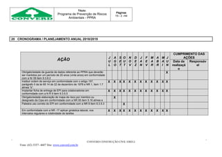 Título:
Programa de Prevenção de Riscos
Ambientais - PPRA
Páginas
15-- 2 -/44
CONVERD CONSTRUÇÃO CIVIL EIRELI
Fone: (62) 3357- 4607 Site: www.converd.com.br
20 CRONOGRAMA / PLANEJAMENTO ANUAL 2018/2019
AÇÃO
J
U
L
A
G
O
S
E
T
O
U
T
N
O
V
D
E
Z
J
A
N
F
E
V
M
A
R
A
B
R
M
A
I
J
U
N
CUMPRIMENTO DAS
AÇÕES
Data da
realizaçã
o
Responsáv
el
Obrigatoriedade da guarda de dados referente ao PPRA que deverão
ser mantidos por um período de 20 anos (vinte anos) em conformidade
com a Nr 09 item 9.3.8.2
X
Instituir ordem de serviço em conformidade com o artigo 157,
parágrafo II da lei 65 14 de 22 de dezembro de 1978 e NR 1, item 1.7
alínea “b”.
X X X X X X X X X X X X
Implantar ficha de entrega de EPI para colaboradores em
conformidade com a N R 9 item 9.3.5.5
X X X X X X X X X X X X
Obrigatoriedade elaboração de mapa de risco por membro ou
designado da Cipa em conformidade com a NR 05 item 5.16 alínea a
X
Palestra uso correto do EPI em conformidade com a NR 9 item 9.3.5.3 X
Em conformidade com a NR -17 aplicar ginástica laboral, nos
intervalos regulares e rotatividade de tarefas
X X X X X X X X X X X X
 