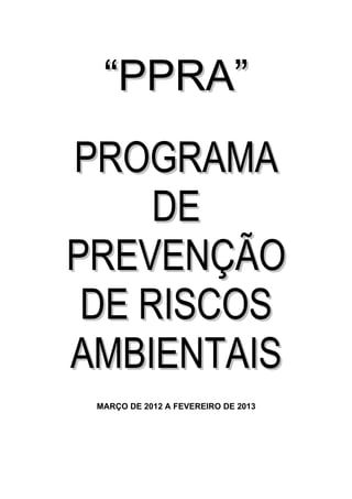“PPRA”
PROGRAMA
     DE
PREVENÇÃO
 DE RISCOS
AMBIENTAIS
 MARÇO DE 2012 A FEVEREIRO DE 2013
 