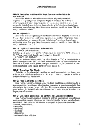 JR Construtora xxxx



NR- 18 Condições e Meio Ambiente de Trabalho na Indústria da
Construção
  Estabelece diretrizes de ordem administrativa, de planejamento de
organização, que objetivem a implementação de medidas de controle e
sistemas preventivos de segurança nos processos, nas condições e no meio
ambiente de trabalho na indústria da construção civil. A fundamentação legal,
ordinária e específica, que dá embasamento jurídico à existência desta NR, é o
artigo 200 inciso I da CLT.

NR- 19 Explosivos:
  Estabelece as disposições regulamentadoras acerca do depósito, manuseio e
transporte de explosivos, objetivando a proteção da saúde e integridade física
dos trabalhadores em seus ambientes de trabalho. A fundamentação legal,
ordinária e específica, que dá embasamento jurídico à existência desta NR, é o
artigo 200 inciso II da CLT.

NR- 20 Líquidos Combustíveis e Inflamáveis
   LÍQUIDOS COMBUSTÍVEIS
É todo aquele que possua ponto de fulgor igual ou superior a 70ºC e inferior a
93,3ºC e é considerado líquido combustível de classe III.
   LÍQUIDOS INFLAMÁVEIS
É todo aquele que possua ponto de fulgor inferior a 70ºC e, quando tiver o
ponto de fulgor abaixo de 37,7ºC será classificado como líquido combustível de
classe I e, quando tiver o ponto de fulgor superior a 37,7ºC e inferior a 70ºC
será classificado como líquido combustível de classe II.

NR- 21 Trabalho a Céu Aberto
    Esta Norma Regulamentadora define as medidas especiais que devem ser
exigidas nos trabalhos realizados a céu aberto, visando proteger a saúde e
integridade física do trabalhador.

NR- 23 Proteção Contra Incêndios
   Esta Norma Regulamentadora define medidas e critérios que determinarão o
enquadramento, instalação, identificação, manuseio e operacionalidade dos
dispositivos de combate contra incêndios. Requer-se a adequação desta norma
para a obtenção do certificado de habite-se e na ocasião em que é realizado o
seguro das instalações.

NR- 24 Condições Sanitárias e de Conforto nos Locais de Trabalho
    Esta Norma Regulamentadora determina critérios quantitativos e qualitativos
para que exista conforto e higiene nos locais de trabalho para os trabalhadores.
A empresa deverá atender as normas, nos aspectos apresentados abaixo:
· instalações sanitárias;
· vestiários;
· refeitórios;
· cozinhas;
· alojamento;
· por ocasião das refeições;



                                                                             12
 