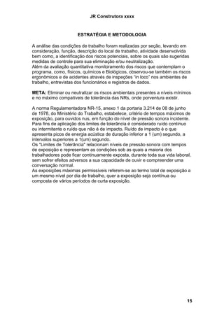 JR Construtora xxxx



                      ESTRATÉGIA E METODOLOGIA

A análise das condições de trabalho foram realizadas por seção, levando em
consideração, função, descrição do local de trabalho, atividade desenvolvida
bem como, a identificação dos riscos potenciais, sobre os quais são sugeridas
medidas de controle para sua eliminação e/ou neutralização.
Além da avaliação quantitativa monitoramento dos riscos que contemplam o
programa, como, físicos, químicos e Biológicos, observou-se também os riscos
ergonômicos e de acidentes através de inspeções “in loco” nos ambientes de
trabalho, entrevistas dos funcionários e registros de dados.

META: Eliminar ou neutralizar os riscos ambientais presentes a níveis mínimos
e no máximo compatíveis de tolerância das NRs, onde porventura existir.

A norma Regulamentadora NR-15, anexo 1 da portaria 3.214 de 08 de junho
de 1978, do Ministério do Trabalho, estabelece, critério de tempos máximos de
exposição, para ouvidos nus, em função do nível de pressão sonora incidente.
Para fins de aplicação dos limites de tolerância é considerado ruído contínuo
ou intermitente o ruído que não é de impacto. Ruído de impacto é o que
apresenta picos de energia acústica de duração inferior a 1 (um) segundo, a
intervalos superiores a 1(um) segundo.
Os "Limites de Tolerância" relacionam níveis de pressão sonora com tempos
de exposição e representam as condições sob as quais a maioria dos
trabalhadores pode ficar continuamente exposta, durante toda sua vida laboral,
sem sofrer efeitos adversos a sua capacidade de ouvir e compreender uma
conversação normal.
As exposições máximas permissíveis referem-se ao termo total de exposição a
um mesmo nível por dia de trabalho, quer a exposição seja contínua ou
composta de vários períodos de curta exposição.




                                                                            15
 