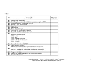 Índice:


     Nº                              Descrição                                Página(s)

     01   Identificação da Empresa
     02   Identificação e Responsáveis Técnicos pela elaboração do PPRA
     03   Responsáveis pela implantação do PPRA
     04   Período e Data de Elaboração
     05   Objetivos
     06   Metodologia
     07   Etapa de Antecipação
     08   Descrição do Ambiente de Trabalho
     09   Descrição das Atividades da Empresa
     10
          Possíveis Danos à Saúde
          10.1) Ruído
          10.2) Calor
          10.3) Radiação Ionizante
          10.4) Radiação Não Ionizante
          10.5) Umidade

     11   Instrução Normativa 001/2009
     12   Mapa de Risco Biológico
          ANEXO I (Classificação dos agentes biológicos em grupos)
     13
          ANEXO II (Relação de classificação dos Agentes Biológicos)

     14   Função e atividade
     15   Planilha de Avaliação e Planilha de cronograma (Anexo)
     16   Considerações Finais



                                         Avenida xxxxxxx, – Centro – Fone: (19) XXXX-XXXX - Cidade/SP   2
                                               CEP: xxxxxxx-142 – email:sxxxxxx@yahoo.com.br
 