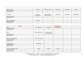Pronto Socorro                                         Quartos            Sala de Curativos        Atendimento      Medicação      Expurgo
Agentes Presentes                                         -                       -                     -               -             -
Classe de Risco                                          3                        3                     3               1             3


Oncologia                                               Sala de           Capela de Fluxo           Iodoterapia    Atendimento   Administração
                                                     Quimioterapia        Laminar Vertical
Agentes Presentes                                          -                     -                      -              -              -
Classe de Risco                                            3                     3                      3              2              1


Segurança/Vigilância                                   Portarias                  -                      -              -              -
Agentes Presentes                                          -                      -                      -              -              -
Classe de Risco                                            2                      -                      -              -              -



                             Setor                                                               Localização
Raio X                                                Salas de Raio X         Atendimento          Administração        -              -
Agentes Presentes                                            -                     -                     -              -              -
Classe de Risco                                              2                     2                    1               -              -


SCIH                                                Sala Administrativa       Atividades nas             -              -              -
                                                                           áreas de Internação
Agentes Presentes                                            -                       -                   -              -              -
Classe de Risco                                              1                       3                   -              -              -


Serviço de Anestesiologia                            Salas de Cirurgia                -                  -              -              -
Agentes Presentes                                            -                        -                  -              -              -
Classe de Risco                                              3                        -                  -              -              -


Direção Clínica                                        Atendimento                    -                  -              -              -
Agentes Presentes                                           -                         -                  -              -              -
Classe de Risco                                             1                         -                  -              -              -


Central de Materiais (CME)                                Preparo                Arsenal             Expurgo            -              -
Agentes Presentes                                            -                      -                   -               -              -
Classe de Risco                                              3                      1                   3               -              -


                                     Avenida xxxxxxx, – Centro – Fone: (19) XXXX-XXXX - Cidade/SP                                                34
                                           CEP: xxxxxxx-142 – email:sxxxxxx@yahoo.com.br
 