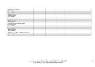 Ambulatório de Convênios
Agentes Presentes
Classe de Risco

Ambulatório SUS
Agentes Presentes
Classe de Risco

Auditoria
Agentes Presentes
Classe de Risco

Educação Continuada da Enfermagem
Agentes Presentes
Classe de Risco

Banco de Olhos
Agentes Presentes
Classe de Risco

SAME (Serviço de Arquivo Médico e Estatístico)
Agentes Presentes
Classe de Risco




                                                 Avenida xxxxxxx, – Centro – Fone: (19) XXXX-XXXX - Cidade/SP   36
                                                       CEP: xxxxxxx-142 – email:sxxxxxx@yahoo.com.br
 