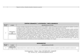 Registrar ocorrências e alterações acentuadas no tratamento aos pacientes




                                             CENTRO CIRURGICO / LITOTRIPSIA / ARCO CIRURGICO
QUANT
           CARGO                                                                               DESCRIÇÃO DA FUNÇÃO
FUNC.
                        Executar atividades operacionais do Centro Cirúrgico em seu turno de trabalho; Tomar as providências necessárias à continuidade dos trabalhos e assistência
                       constante aos pacientes; Montar salas de operação com materiais e equipamentos; Cumprir normas e regulamentos da Instituição;
                       Acompanhar e auxiliar o pré-operatório (posicionamento do paciente); Circular as salas de operação (abre campos, aventais, instrumentais e atender à solicitação
                       dos médicos durante o ato anestésico-cirúrgico); Retirar o paciente da mesa cirúrgica para a maca e transporte para a sala de recuperação anestésica; Priorizar os
                       procedimentos de maior complexidade, conforme orientação do enfermeiro; Zelar pelo correto manuseio dos equipamentos; Zelar pelas condições ambientais de
          TECNICO(A)
                       segurança do cliente e da equipe multiprofissional; Auxiliar na paramentação da equipe cirúrgica; Verificar o funcionamento de gases e equipamentos; Tomar
  1           DE
                       providências para manutenção da temperatura adequada da sala cirúrgica; Estar habilitado para executar tarefas inerentes aos procedimentos cirúrgicos; Remover
         ENFERMAGEM
                       sujidades dos equipamentos exposto e das superfícies, levando em consideração as orientações do setor de Controle de Infecção Hospitalar da Instituição; Retirar
                       e desprezar todo material contaminado da sala (bisturi, agulhas, roupas, etc.); Presta assistência de enfermagem ao paciente sob sua responsabilidade; Priorizar
                       os procedimentos de maior complexidade, sob orientação do enfermeiro; Registrar em livro próprio peças de anátomopatológico;Notificar possíveis
                       intercorrências ao enfermeiro responsável; Realizar a desmontagem da sala cirúrgica; Encaminhar o paciente para a RPA ao término da cirurgia, e contato com
                       radiação ionizante habitual e intermitente proveniente de procedimentos com litotripsia e arco cirúrgico



                                                                                SUPRIMENTOS
QUANT.
           CARGO                                                                               DESCRIÇÃO DA FUNÇÃO
 FUNC.
          GERENTE DE
  1      SUPRIMENTOS   Comprar materiais diversos; Atender as áreas de apoio, serviços administrativos, hospitalares e de manutenção, respeitando os prazos hábeis e cumprindo as normas do setor
               I

                                              Avenida xxxxxxx, – Centro – Fone: (19) XXXX-XXXX - Cidade/SP                                                                                          42
                                                    CEP: xxxxxxx-142 – email:sxxxxxx@yahoo.com.br
 