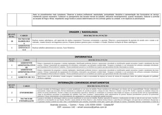 fazer os procedimentos mais complexos; Observar a postura profissional, assiduidade, pontualidade, disciplina e apresentação dos funcionários ao serviço,
                        interferindo quando necessário; Colaborar no planejamento das escalas mensal de trabalho, efetuando remanejamentos, quando necessário; Elaborar e controlar
                        as escalas de folga e férias, respeitando carga horária e prazos determinados em lei;Controlar gastos na unidade, e em especial os psicotropicos




                                                                                 IMAGEM / RADIOLOGIA
QUANT.
           CARGO                                                                                        DESCRIÇÃO DA FUNÇÃO
 FUNC.
         TECNICO DE
                        Realizar exames radiológicos, sob supervisão do médico responsável; Posicionar corretamente o paciente; Observar o posicionamento do paciente de acordo com o exame a ser
  10     RADIOLOGI      realizado, visando fornecer um diagnóstico preciso; Preparar produtos químicos para o revelador e o fixador; Realizar revelação de filmes radiológicos
              A
         ASSISTENTE
  1      ADMINISTRATI   Realizar trabalhos administrativos setoriais; Fazer Relatórios
             VO I



                                                                                          INFORMATICA
QUANT.
              CARGO                                                                                             DESCRIÇÃO DA FUNÇÃO
 FUNC.
           ASSISTENTE          Efetuar a manutenção dos programas e sistemas implantados, identificando problemas técnicos e operacionais, procedendo as modificações quando necessárias visando o atendimento das áreas
  1      ADMINISTRATIVO        usuárias; -Efetuar a manutenção dos equipamentos de informática, otimizando a sua utilização e produtividade; -Assegurar a instalação e o uso unicamente dos softwares contratados oficialmente
                III            pela Irmandade de Misericórdia de Campinas; -Prestar atendimento pessoal ou via telefônica aos usuários que apresentarem dúvidas relacionadas ao sistema
           ASSISTENTE          Efetuar a manutenção dos programas e sistemas implantados, identificando problemas técnicos e operacionais, procedendo as modificações quando necessárias visando o atendimento das áreas
  1      ADMINISTRATIVO        usuárias; -Efetuar a manutenção dos equipamentos de informática, otimizando a sua utilização e produtividade; -Assegurar a instalação e o uso unicamente dos softwares contratados oficialmente
                IV             pela Irmandade de Misericórdia de Campinas; -Prestar atendimento pessoal ou via telefônica aos usuários que apresentarem dúvidas relacionadas ao sistema
                               Supervisionar a área de informática, visando assegurar o atendimento a todas as necessidades da empresa em termos de sistema de computação, dentro dos padrões adequados de qualidade,
  1      GERENTE DE TI I       eficiência e segurança


                                                               INTERNAÇÃO CONVENIOS APARTAMENTOS
QUANT.
              CARGO                                                                                           DESCRIÇÃO DA FUNÇÃO
 FUNC.
                               Executar atividades de Enfermagem relativas ao pronto atendimento no seu turno de trabalho; Prestar assistência de enfermagem aos clientes sob sua responsabilidade; Orientar colaboradores
                               tecnicamente, sempre que necessário; Revisar diariamente as condições do carrinho de parada e estoque do setor; Observar e orientar o uso de EPI; Avaliar e registrar as condições clínicas dos
  2       ENFERMEIRO           clientes em pronto atendimento; Auxiliar o médico em procedimentos específicos; Informar ao coordenador as ocorrências relacionadas aos clientes e ao pessoal auxiliar sob sua responsabilidade;
                               Tomar as providências necessárias à continuidade dos trabalhos, bem como coordenar e operacionalizar ações administrativas de pessoal; Realizar procedimentos privativos do profissional
                               enfermeiro; Checar rotineiramente o bom funcionamento dos equipamentos e solicitar sua manutenção quando necessário
                               Executar as atividades de enfermagem relativas ao pronto atendimento no seu turno de trabalho; Realizar reposições de materiais e medicamentos de todas as salas de setor por turno; Auxiliar o
           TECNICO DE
  3                            enfermeiro no desempenho de suas funções; Receber e passar plantão de forma objetiva e clara; Realizar técnicas básicas e específicas de enfermagem, sob supervisão do enfermeiro; Recepcionar
          ENFERMAGEM           os pacientes externos (controle de sinais vitais e encaminhamento para consulta); Encaminhar cliente para o quarto após liberação do mesmo; Encaminhar materiais contaminados à Central de

                                                   Avenida xxxxxxx, – Centro – Fone: (19) XXXX-XXXX - Cidade/SP                                                                                                              47
                                                         CEP: xxxxxxx-142 – email:sxxxxxx@yahoo.com.br
 